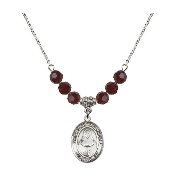 18-Inch Rhodium Plated Necklace with 6mm Red January Birth Month Stone Beads and Saint Mary Mackillop Charm