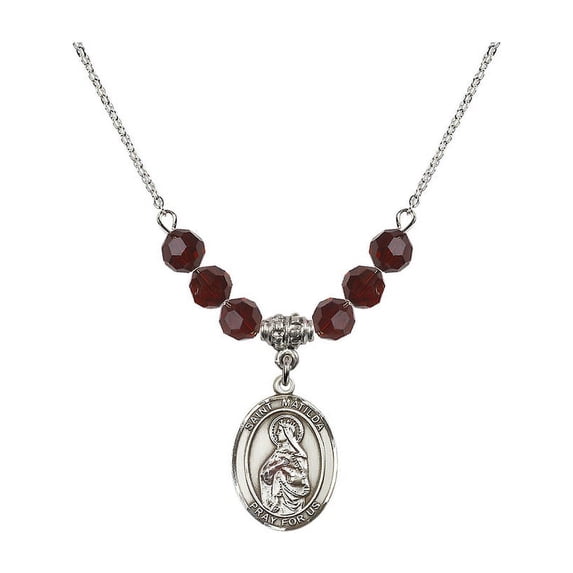 18-Inch Rhodium Plated Necklace with 6mm Red January Birth Month Stone Beads and Saint Matilda Charm