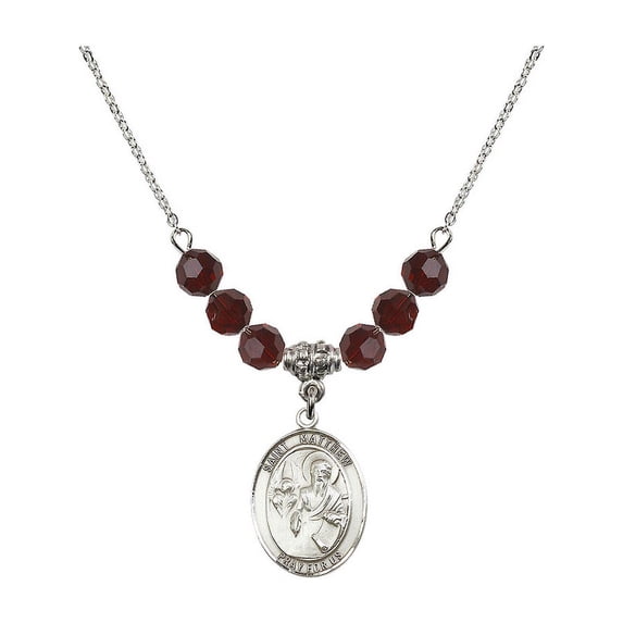 18-Inch Rhodium Plated Necklace with 6mm Red January Birth Month Stone Beads and Saint Matthew the Apostle Charm