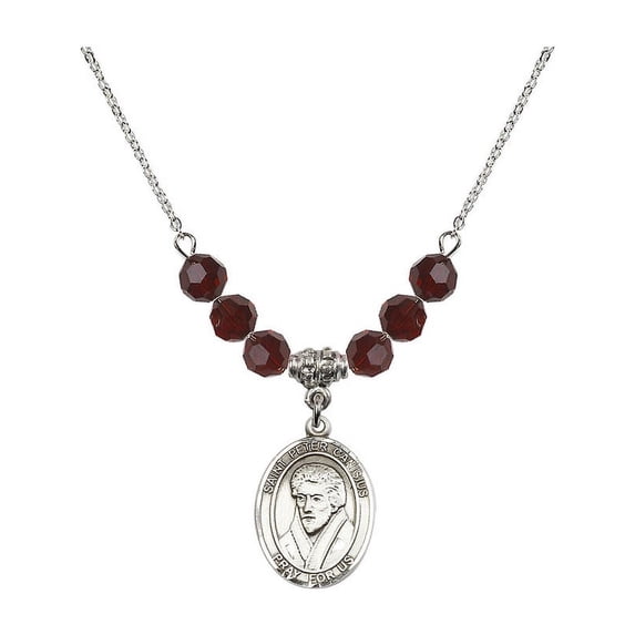 18-Inch Rhodium Plated Necklace with 6mm Red January Birth Month Stone Beads and Saint Peter Canisius Charm
