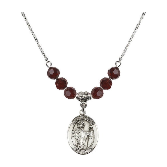 18-Inch Rhodium Plated Necklace with 6mm Red January Birth Month Stone Beads and Saint Richard Charm