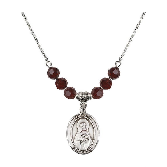18-Inch Rhodium Plated Necklace with 6mm Red January Birth Month Stone Beads and Saint Rita / Baseball Charm