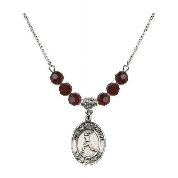 18-Inch Rhodium Plated Necklace with 6mm Red January Birth Month Stone Beads and Saint Sebastian/Baseball Charm