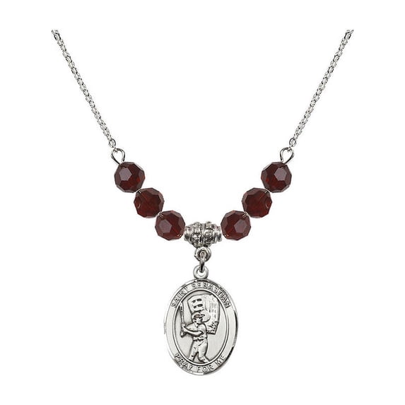 18-Inch Rhodium Plated Necklace with 6mm Red January Birth Month Stone Beads and Saint Sebastian / Baseball Charm