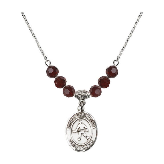 18-Inch Rhodium Plated Necklace with 6mm Red January Birth Month Stone Beads and Saint Sebastian/Field Hockey Charm