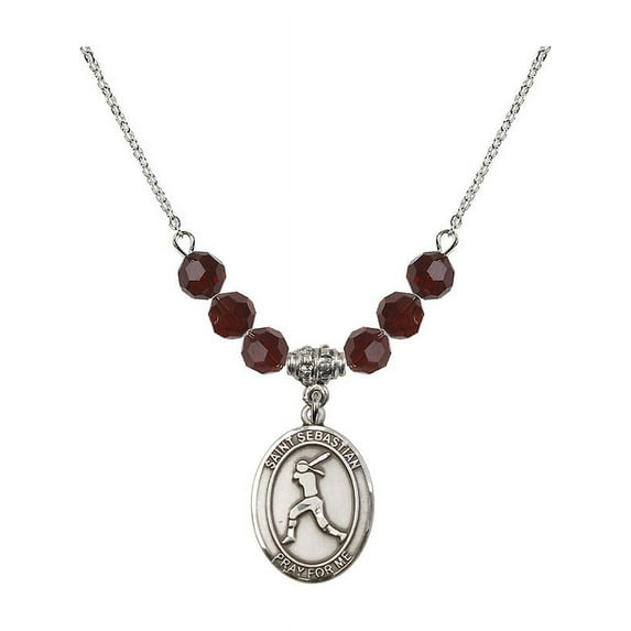 18-Inch Rhodium Plated Necklace with 6mm Red January Birth Month Stone Beads and Saint Sebastian / Softball Charm