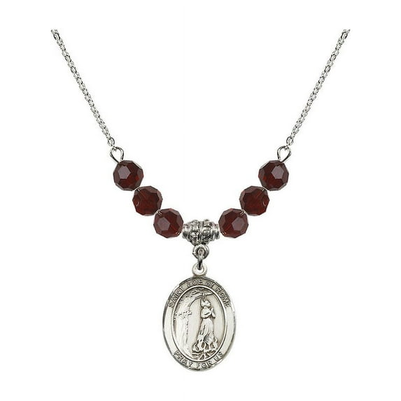 18-Inch Rhodium Plated Necklace with 6mm Red January Birth Month Stone Beads and Saint Zoe of Rome Charm