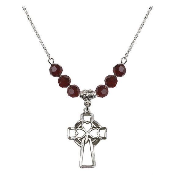 18-Inch Rhodium Plated Necklace with 6mm Red January Birth Month Stone Beads and Shamrock Cross Charm