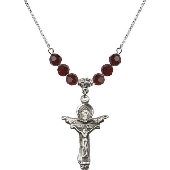 18-Inch Rhodium Plated Necklace with 6mm Red January Birth Month Stone Beads and Trinity Crucifix Charm