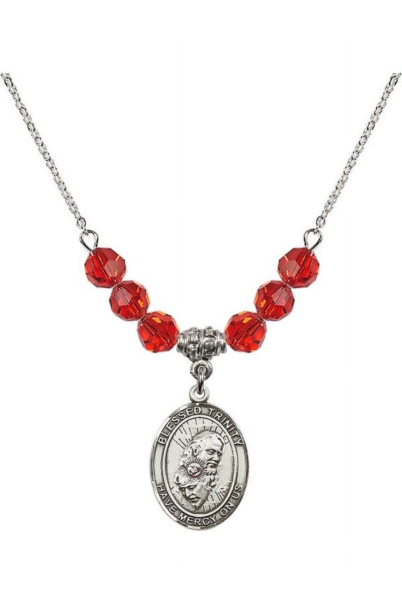 18-Inch Rhodium Plated Necklace with 6mm Red July Birth Month Stone Beads and Blessed Trinity Charm