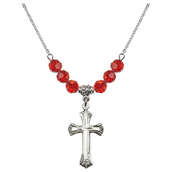18-Inch Rhodium Plated Necklace with 6mm Red July Birth Month Stone Beads and Cross Charm