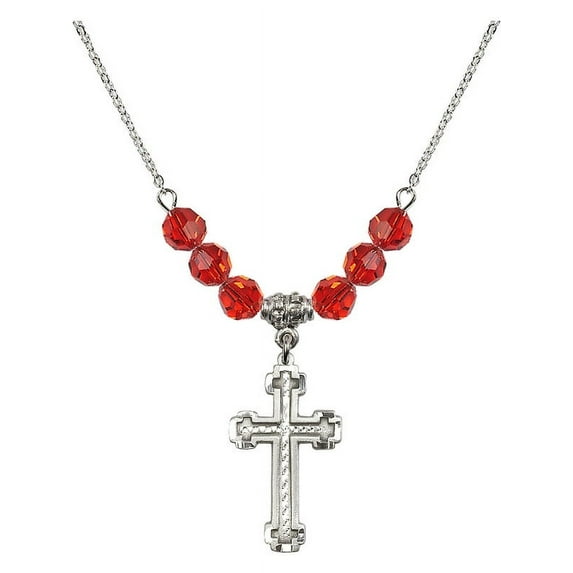 18-Inch Rhodium Plated Necklace with 6mm Red July Birth Month Stone Beads and Cross Charm