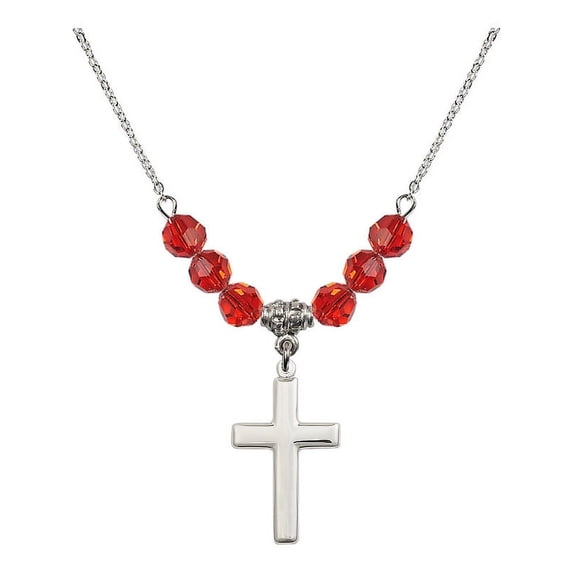 18-Inch Rhodium Plated Necklace with 6mm Red July Birth Month Stone Beads and Cross Charm