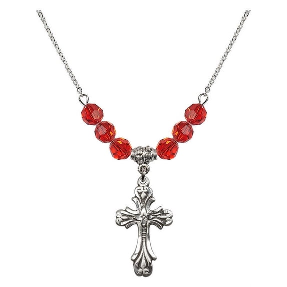 18-Inch Rhodium Plated Necklace with 6mm Red July Birth Month Stone Beads and Cross Charm