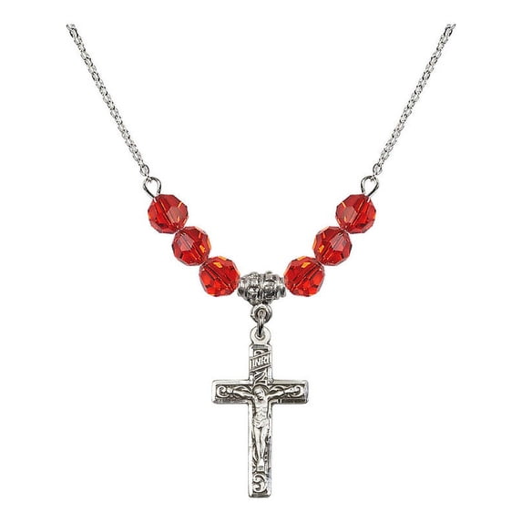 18-Inch Rhodium Plated Necklace with 6mm Red July Birth Month Stone Beads and Crucifix Charm