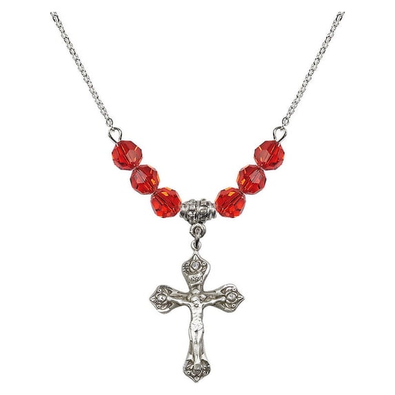 18-Inch Rhodium Plated Necklace with 6mm Red July Birth Month Stone Beads and Crucifix Charm