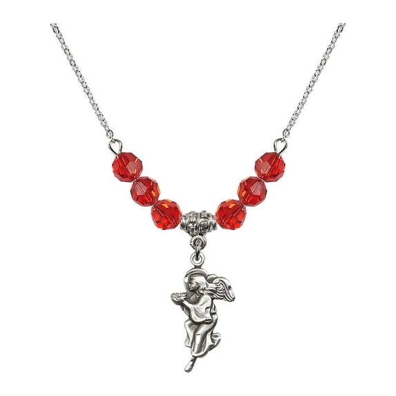18-Inch Rhodium Plated Necklace with 6mm Red July Birth Month Stone Beads and Guardian Angel Charm