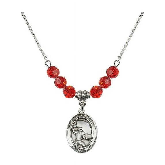 18-Inch Rhodium Plated Necklace with 6mm Red July Birth Month Stone Beads and Guardian Angel/Football Charm