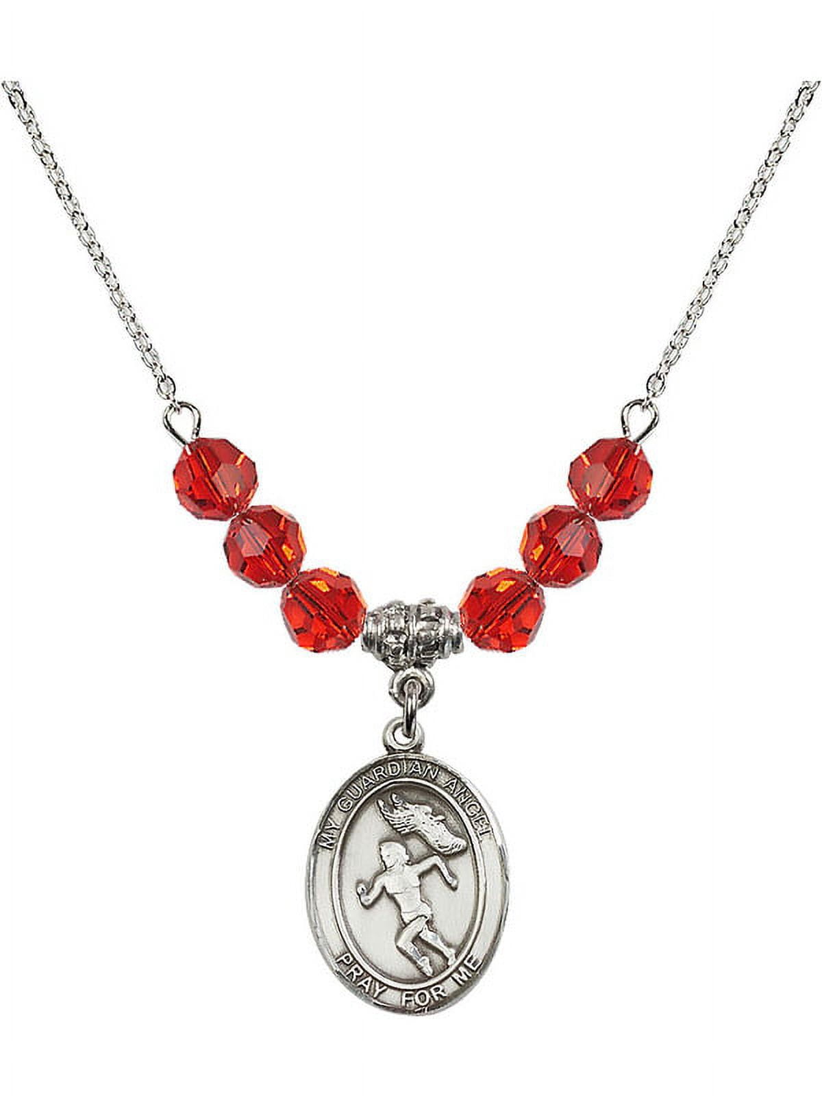 18-Inch Rhodium Plated Necklace with 6mm Red July Birth Month Stone Beads and Guardian Angel/Track&Field-Women Charm