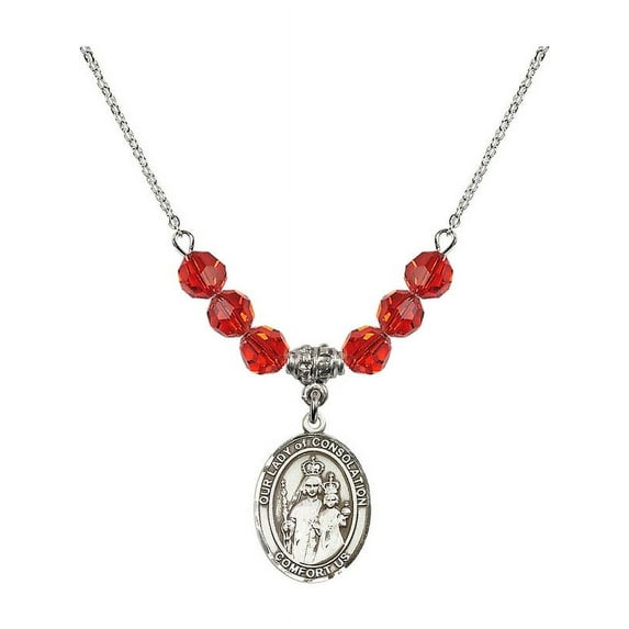 18-Inch Rhodium Plated Necklace with 6mm Red July Birth Month Stone Beads and Our Lady of Consolation Charm
