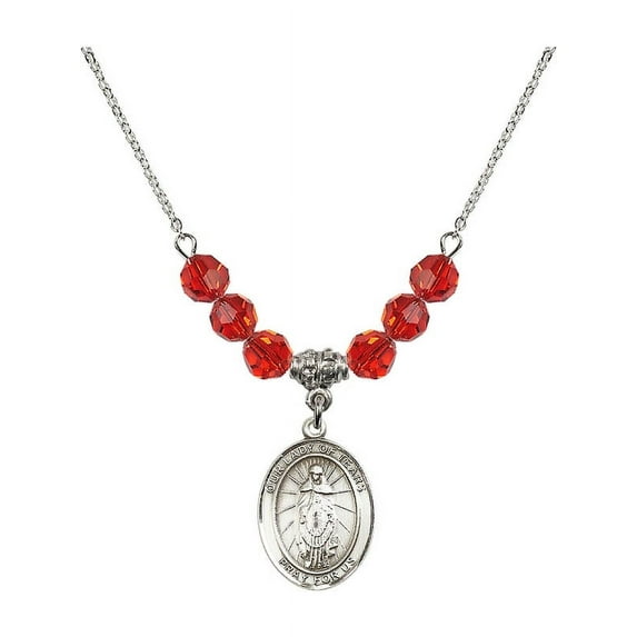 18-Inch Rhodium Plated Necklace with 6mm Red July Birth Month Stone Beads and Our Lady of Tears Charm
