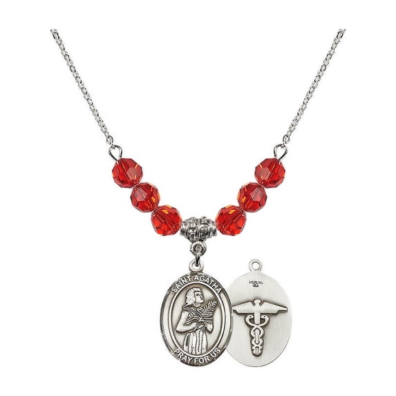 18-Inch Rhodium Plated Necklace with 6mm Red July Birth Month Stone Beads and Saint Agatha / Nurse Charm