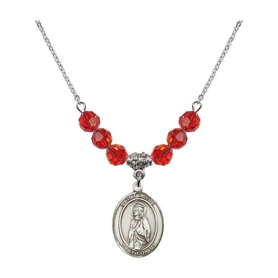 18-Inch Rhodium Plated Necklace with 6mm Red July Birth Month Stone Beads and Saint Alice Charm