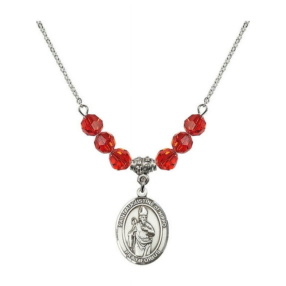 18-Inch Rhodium Plated Necklace with 6mm Red July Birth Month Stone Beads and Saint Augustine of Hippo Charm