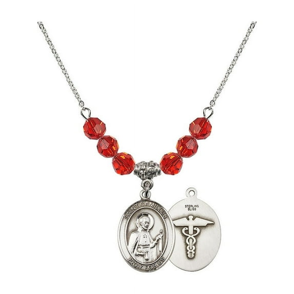 18-Inch Rhodium Plated Necklace with 6mm Red July Birth Month Stone Beads and Saint Camillus of Lellis / Nurse Charm