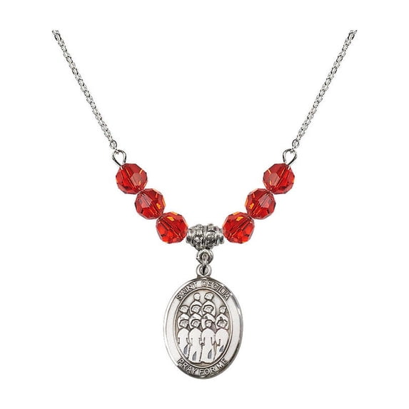 18-Inch Rhodium Plated Necklace with 6mm Red July Birth Month Stone Beads and Saint Cecilia / Choir Charm