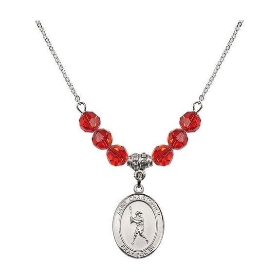 18-Inch Rhodium Plated Necklace with 6mm Red July Birth Month Stone Beads and Saint Christopher/Baseball Charm
