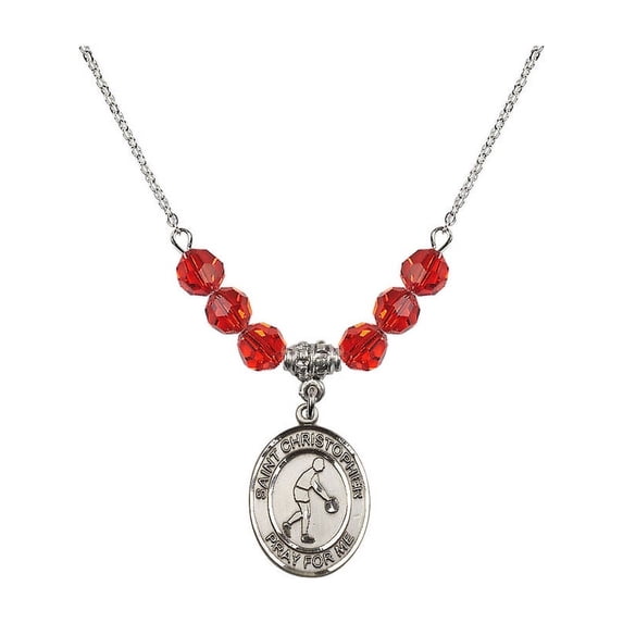 18-Inch Rhodium Plated Necklace with 6mm Red July Birth Month Stone Beads and Saint Christopher/Basketball Charm