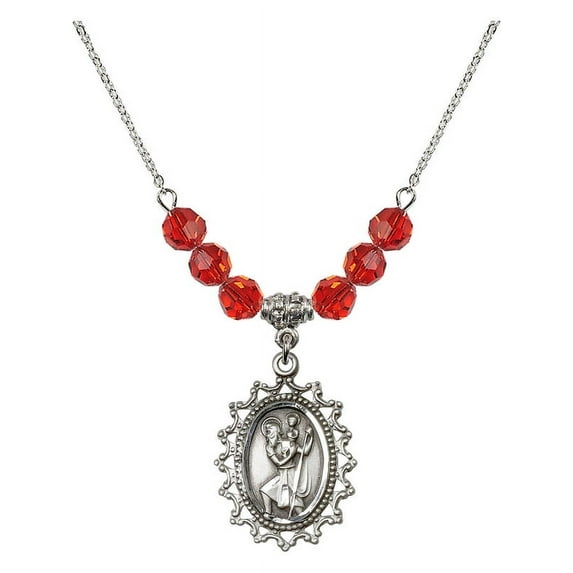 18-Inch Rhodium Plated Necklace with 6mm Red July Birth Month Stone Beads and Saint Christopher Charm