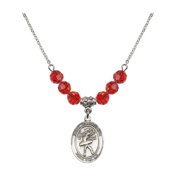 18-Inch Rhodium Plated Necklace with 6mm Red July Birth Month Stone Beads and Saint Christopher/Dance Charm
