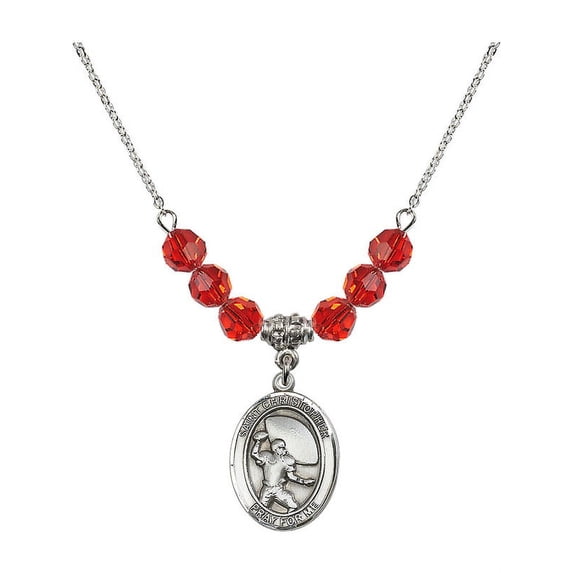 18-Inch Rhodium Plated Necklace with 6mm Red July Birth Month Stone Beads and Saint Christopher / Football Charm