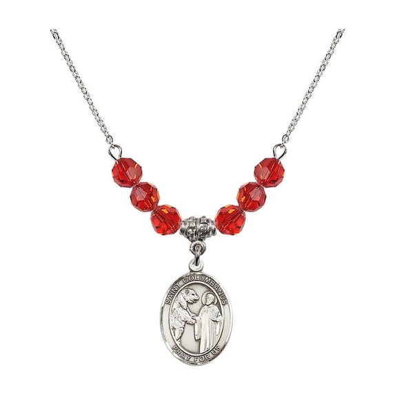 18-Inch Rhodium Plated Necklace with 6mm Red July Birth Month Stone Beads and Saint Columbanus Charm