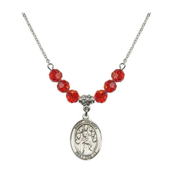 18-Inch Rhodium Plated Necklace with 6mm Red July Birth Month Stone Beads and Saint Felicity Charm