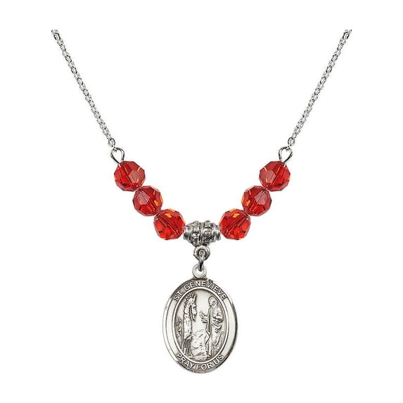 18-Inch Rhodium Plated Necklace with 6mm Red July Birth Month Stone Beads and Saint Genevieve Charm