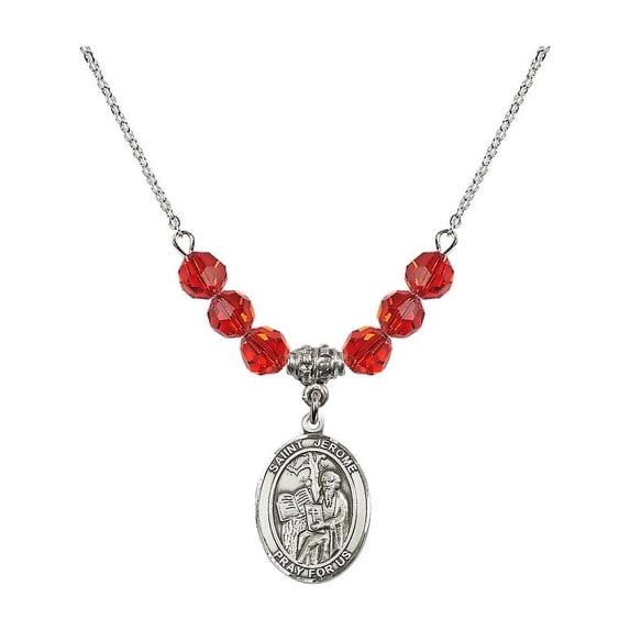 18-Inch Rhodium Plated Necklace with 6mm Red July Birth Month Stone Beads and Saint Jerome Charm
