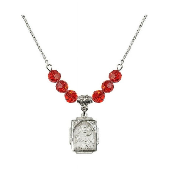 18-Inch Rhodium Plated Necklace with 6mm Red July Birth Month Stone Beads and Saint Joseph Charm
