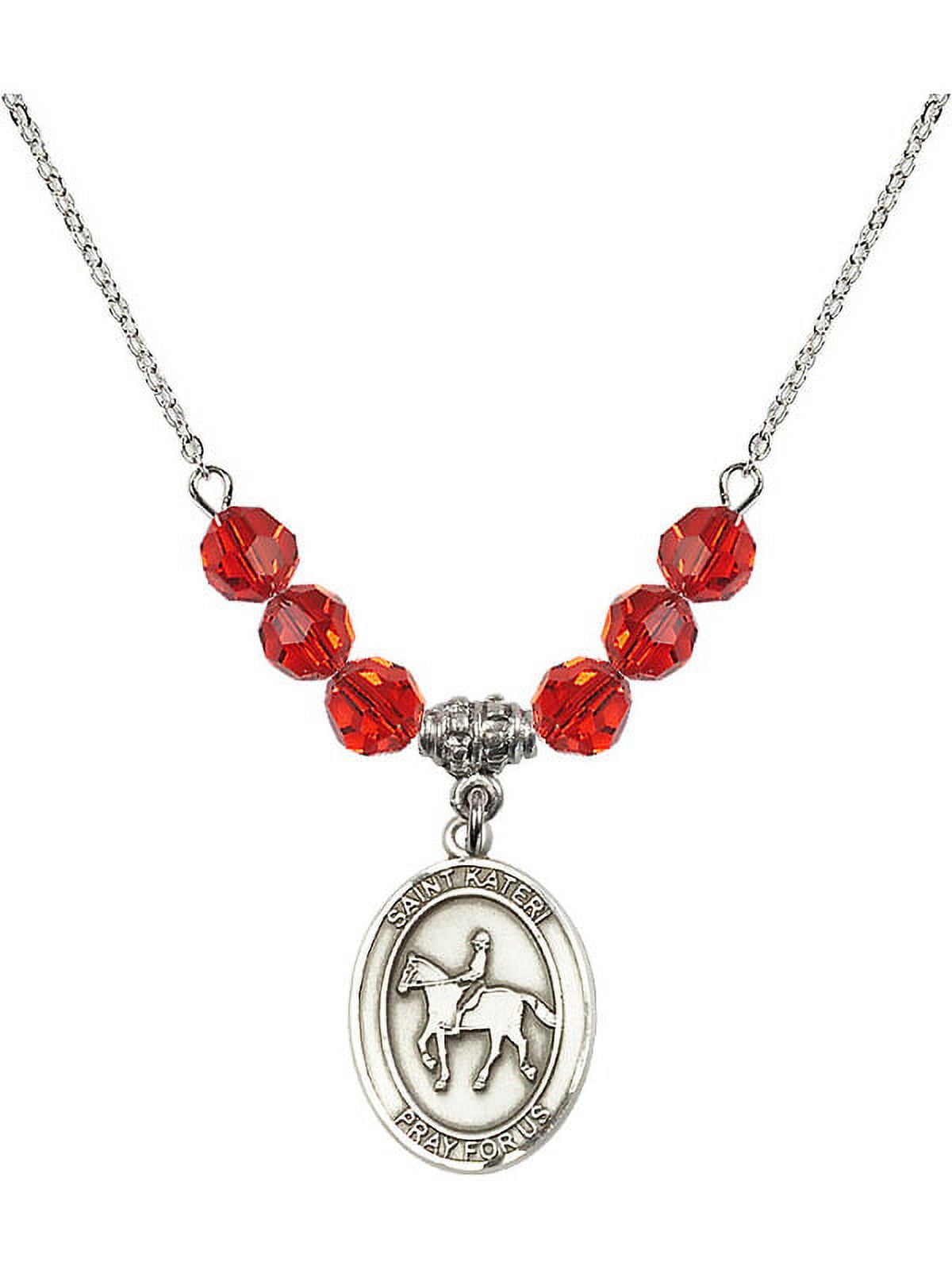 18-Inch Rhodium Plated Necklace with 6mm Red July Birth Month Stone Beads and Saint Kateri/Equestrian Charm