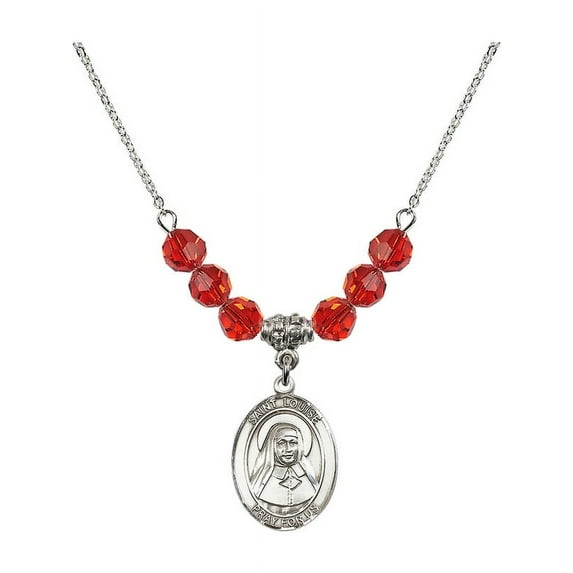 18-Inch Rhodium Plated Necklace with 6mm Red July Birth Month Stone Beads and Saint Louise de Marillac Charm