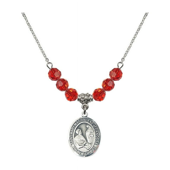 18-Inch Rhodium Plated Necklace with 6mm Red July Birth Month Stone Beads and Saint Mary Magdalene of Canossa Charm