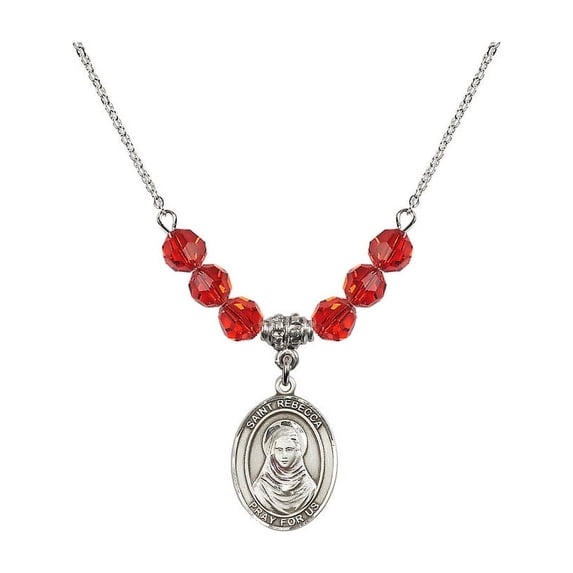 18-Inch Rhodium Plated Necklace with 6mm Red July Birth Month Stone Beads and Saint Rebecca Charm