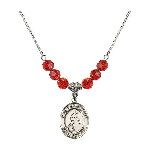 18-Inch Rhodium Plated Necklace with 6mm Red July Birth Month Stone Beads and Saint Sebastian/Basketball Charm