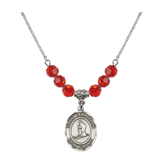 18-Inch Rhodium Plated Necklace with 6mm Red July Birth Month Stone Beads and Saint Sebastian/Skiing Charm