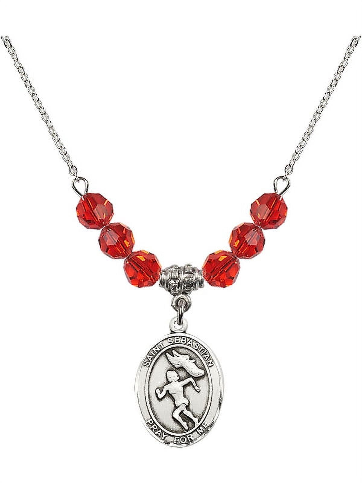 18-Inch Rhodium Plated Necklace with 6mm Red July Birth Month Stone Beads and Saint Sebastian /Track&Field-Women Charm