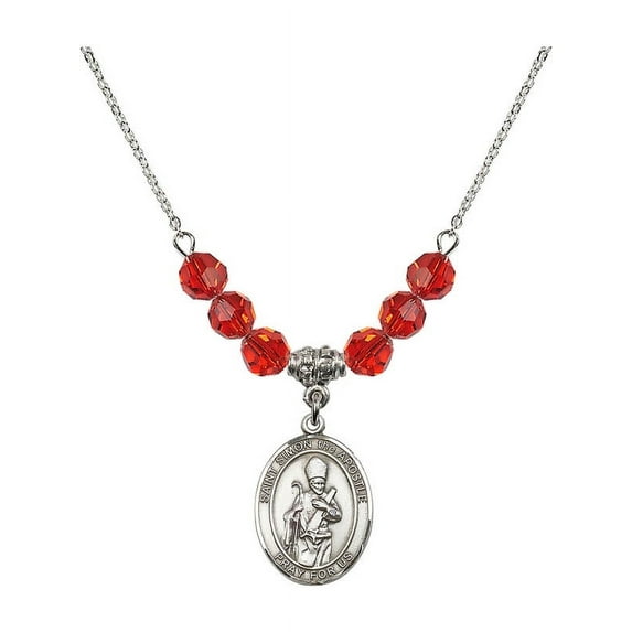 18-Inch Rhodium Plated Necklace with 6mm Red July Birth Month Stone Beads and Saint Simon the Apostle Charm