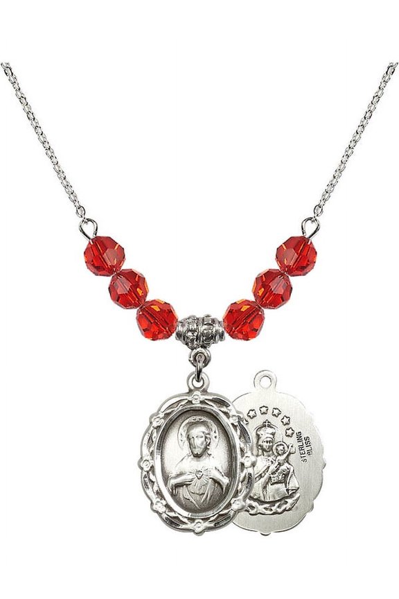 18-Inch Rhodium Plated Necklace with 6mm Red July Birth Month Stone Beads and Scapular Charm