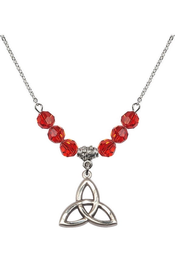 18-Inch Rhodium Plated Necklace with 6mm Red July Birth Month Stone Beads and Trinity Irish Knot Charm